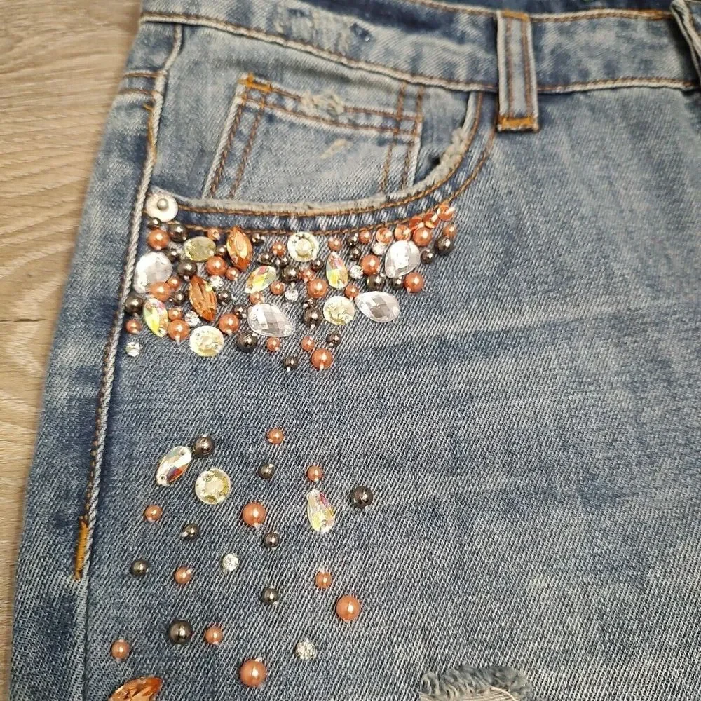 Signature Eight Women's‎ Jeans Sz Small Blue Denim Distressed Embellished TWEE